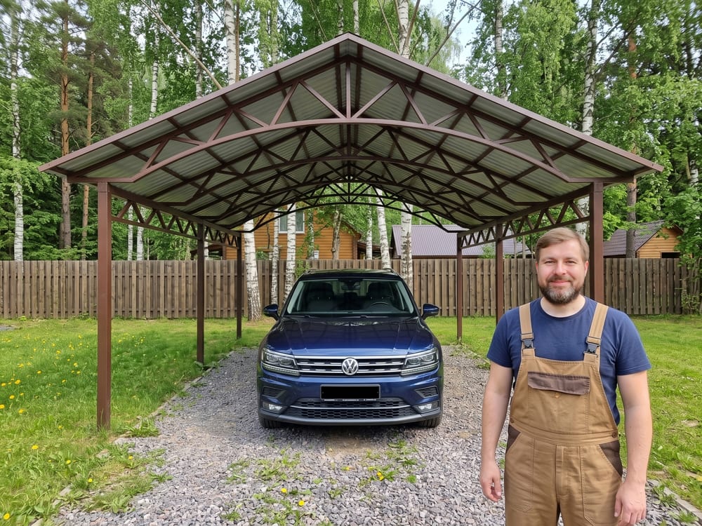 Изготовление и установка двухскатного навеса для автомобиля из металлопрофиля под ключ