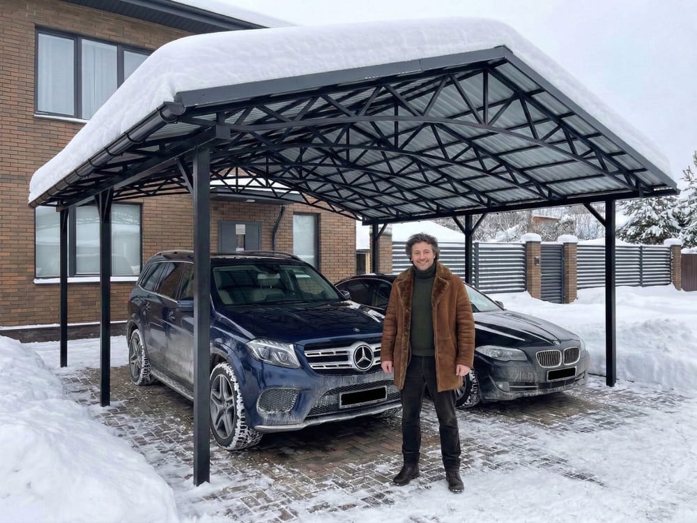 Изготовление и установка двухскатного навеса для автомобиля из металлопрофиля под ключ